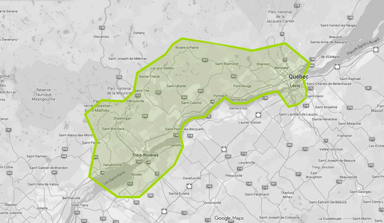 Carte du territoire desservi par ZAP Extermination, de Québec à Trois-Rivières.